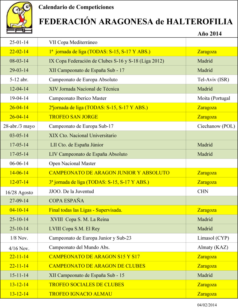 CALENDARIO de ACTIVIDADES « Federación Aragonesa de Halterofilia
